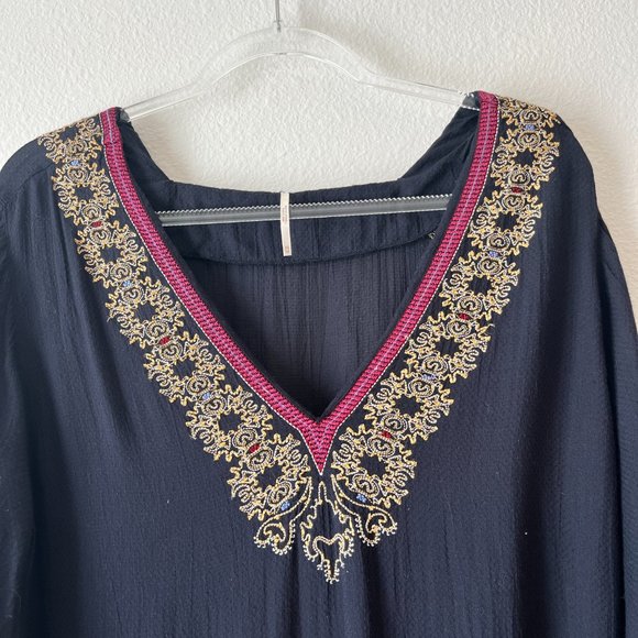 Free People Wild One Peasant Mini Dress Long Sleeve Embroidered Drop Waist Black - Picture 7 of 12